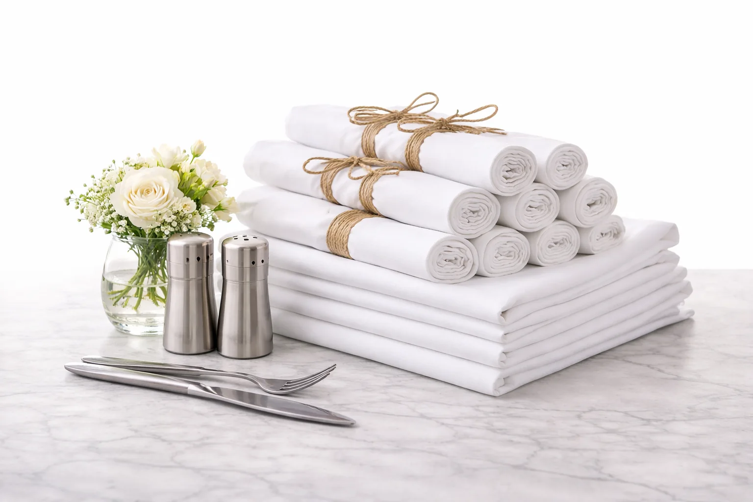 Linge de table et serviettes pliés par la blanchisserie professionnelle Blanc & Chic
